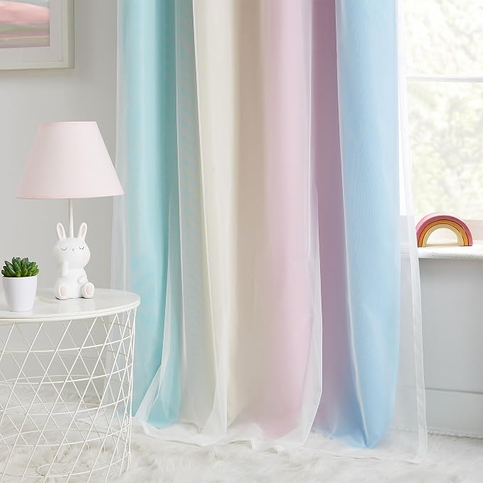 Rainbow Ombre 100% Blackout Curtains 72 Inches Long 2 Panels for Kids Bedroom Living Room Double Layer Sheer Overlay Mix & Match Grommet Thermal Insulated Soundproof Drapes with Tiebacks