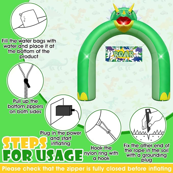 9.5FT Giant Triceratops Inflatable Arch - Dinosaur Birthday Party Decorations for Boys Kids, Dinosaur Day Jungle Theme Photo Backdrop with 1 Blower 2 Banners & 3 LED Lights, Outdoor Yard Blow-Up Decor