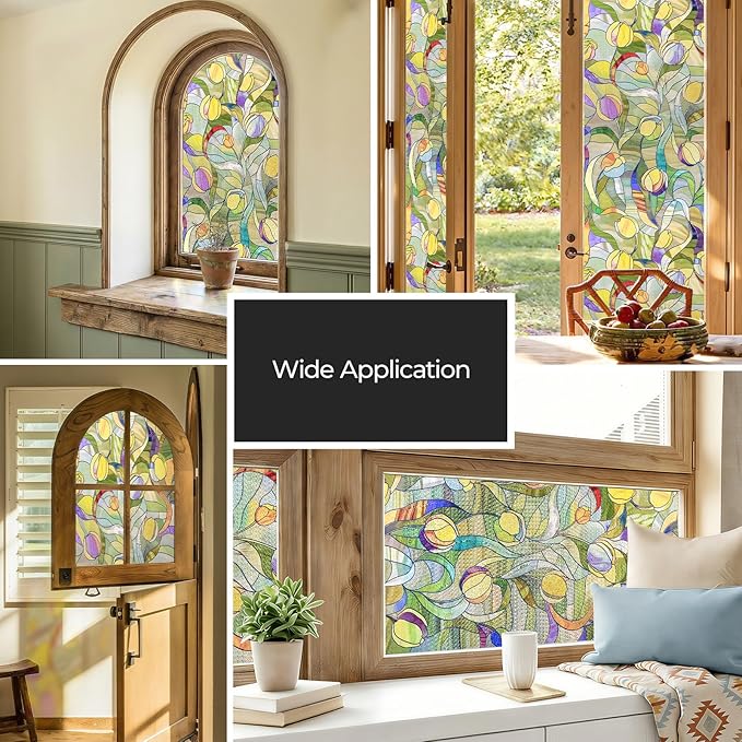 3D Stained Glass Window Film, Decorative Window Privacy Film for Bathroom,Front Door,Home, Sun Blocking Heat Control,Static Cling, Moonlight Tulip, 23.6inch x 35.4inch