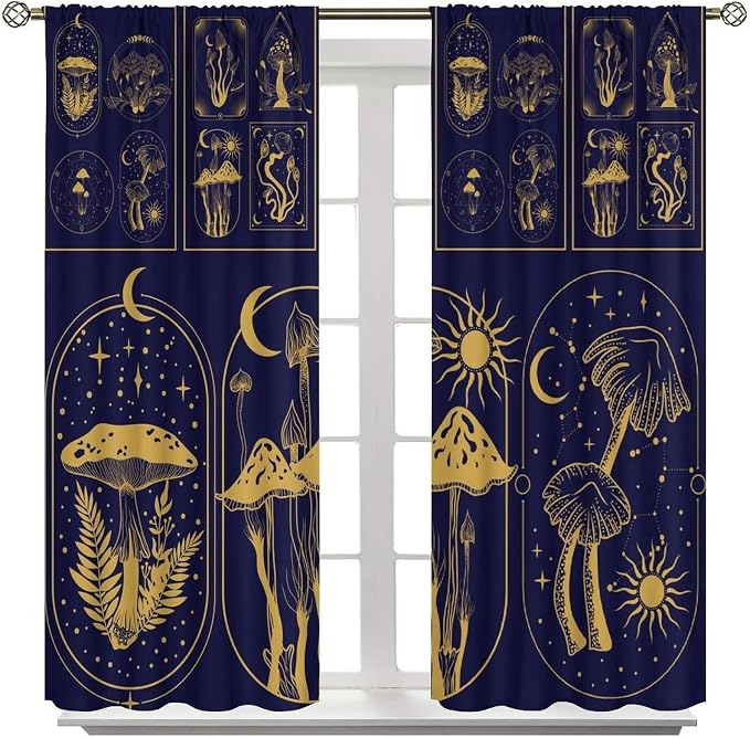 Mushroom Curtains,Boho Style Mystical Plant Sun Moon Print Window Treatments for Bedroom Living Room Kitchen Purple Herbs Window Drapes 2 Panels Set,Total Size 63 x 63 Inch