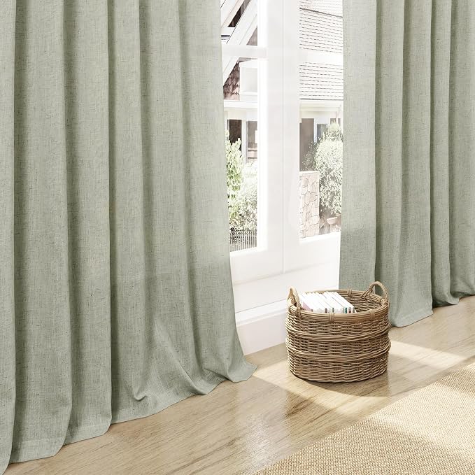 Sage Green Semi Sheer Curtains 108 Inches Long 2 Panels Set Back Tab Loop Pocket Linen Blend Boho Large Window Curtain Extra Long Light Filter Drapes High Ceiling Curtains for Living Room 40x108