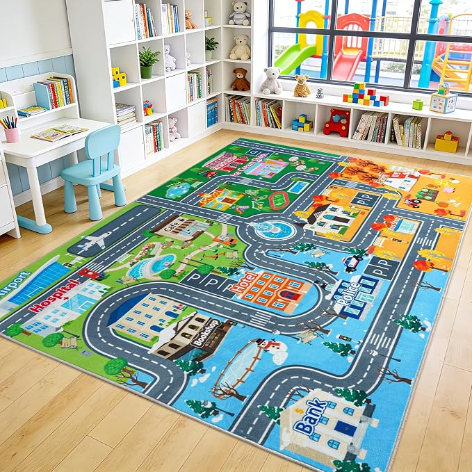 Car Rug Play Mat for Kids Toy Cars, 8' x 10' City Road Town Track Four Seasons Traffic Carpet, Non-Slip Washable Area Rug for Kids Room Bedroom Classroom Play Area, Fun Learning Carpet for Children