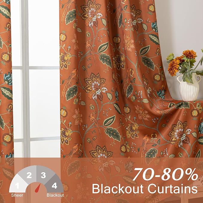 Burnt Orange Boho Curtains Blackout 84 Inch Long, Terracotta Floral Patterned Bohemian Curtain, Retro Vintage Drapes for Living Room Bedroom 2 Panels
