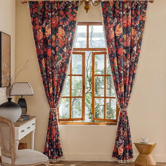 OYX Boho Floral Curtains 96 Inch, Linen Farmhouse Flower Drapes with Lace & Tassels, Light Filtering Semi Sheer Curtains for Living Room Bedroom, 2 Panels