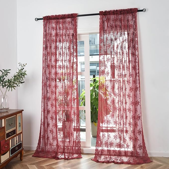 Kotile Burgundy Curtains 54 Inch Length 2 Panels Set Country Rustic Floral Cottagecore Maroon Lace Curtains for Windows, Rod Pocket Privacy Light Filtering Sheer Window Curtains, 42 x 54 Inch