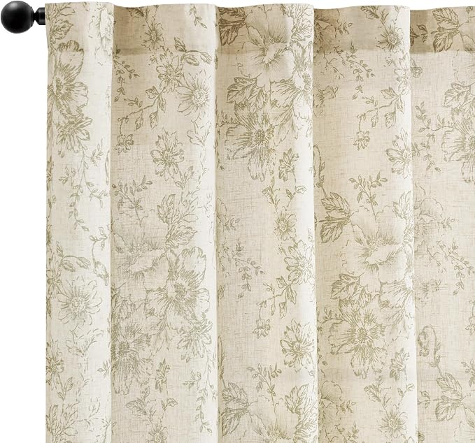 jinchan Linen Blend Floral Curtains for Living Room 45 Inch Length Farmhouse Printed Curtain Rod Pocket Back Tab Sage Green Peony Flower Patterned Drapes Bedroom Curtains Set 2 Panels