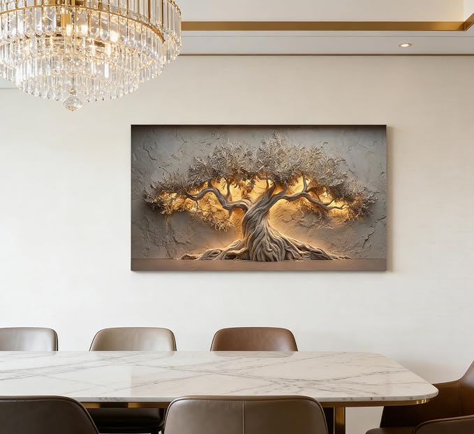 ZAWUDVC Large Tree of Life Wall Art, Neutral Nature Big Tree Botanical Canvas Print Poster, Rustic Stone Wall Decor for Living Room Bedroom Hotel, Earth Tone,