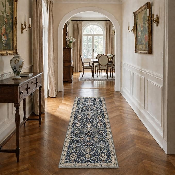Bavni 2x3 Doormat, Machine Washable Runner Rug Non Slip, Vintage Floral Floral Rugs for Entrance, Lightweight Low Pile Carpet for Hallways Kitchen and Corridor, Muted Navy