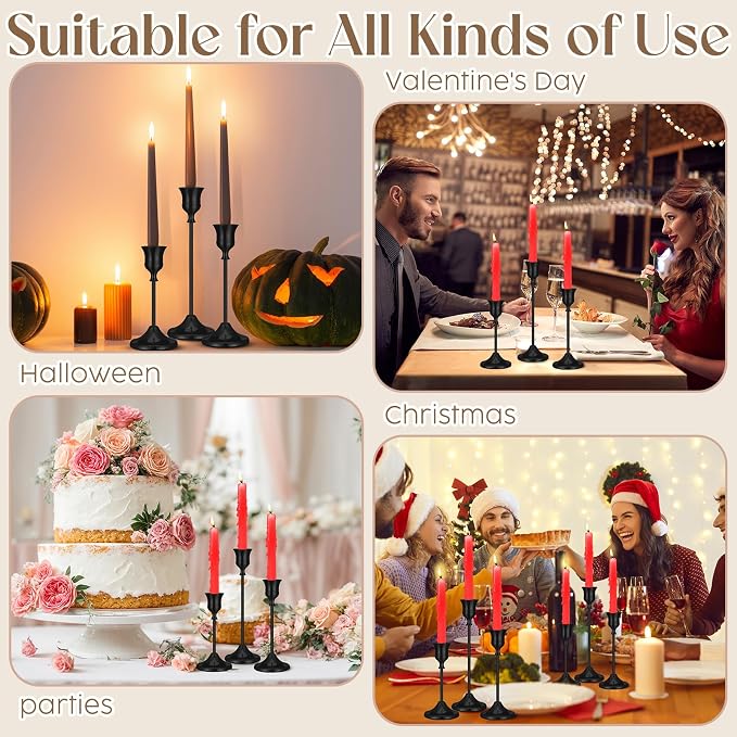 24PCS Brass Black Taper Candle Holders Set, Vintage Metal Candlestick Holders for Table Centerpiece, Wedding Reception, Festive Christmas Mantel Decoration Black