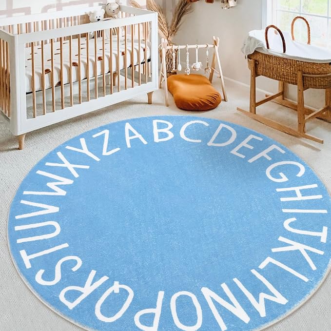 Topotdor Round ABC Area Rug,63 Inch Soft Floor Carpet,Sky Blue | Washable Alphabet Circle Rug,Non Slip Floor Mat Ideal for Bedrooms,Kids Rooms,Classrooms