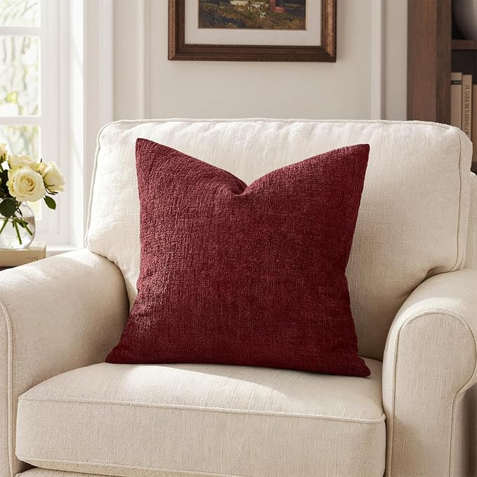 MIULEE Decorative Throw Pillow Covers 18x18 Pack of 2 Burgundy Couch Pillow Covers Soft Cozy Textured Chenille Pillowcases for Home Decor Sofa Living Room Cushion Bedroom