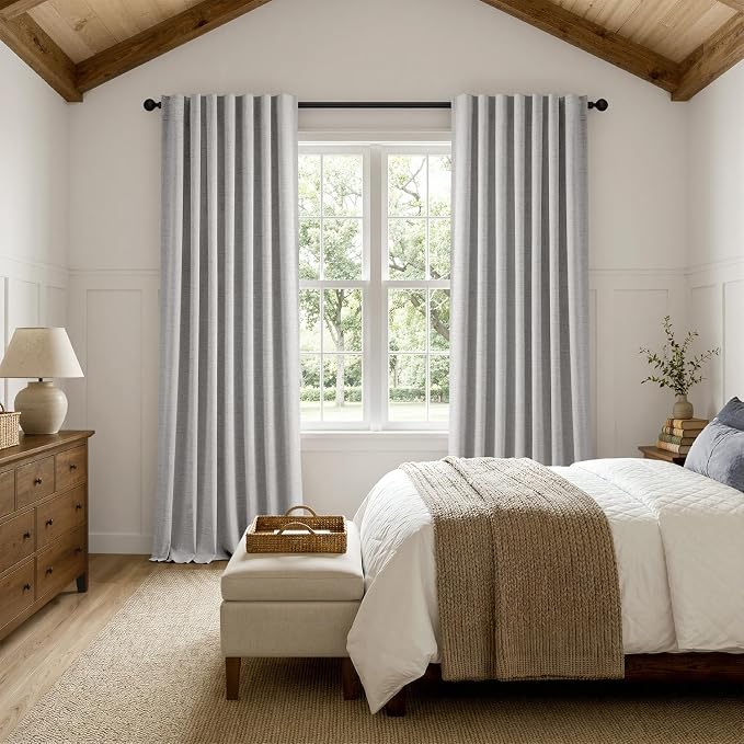 MIULEE 100% Blackout Linen Curtains for Bedroom, Greyish White Solid Luxury Decor Thermal Insulation Room Darkening Drapes for Living Room Back Tab Rod Pocket 42 x 96 Inches, 2 Panels