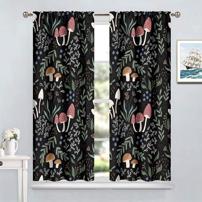 Mushroom Curtains, Cartoon Green Leaves Mushroom Wildflower Plant Botanical Boho Herb Nature Garden Print Blackout Window Drapes for Living Room Kids Bedroom 63x72in