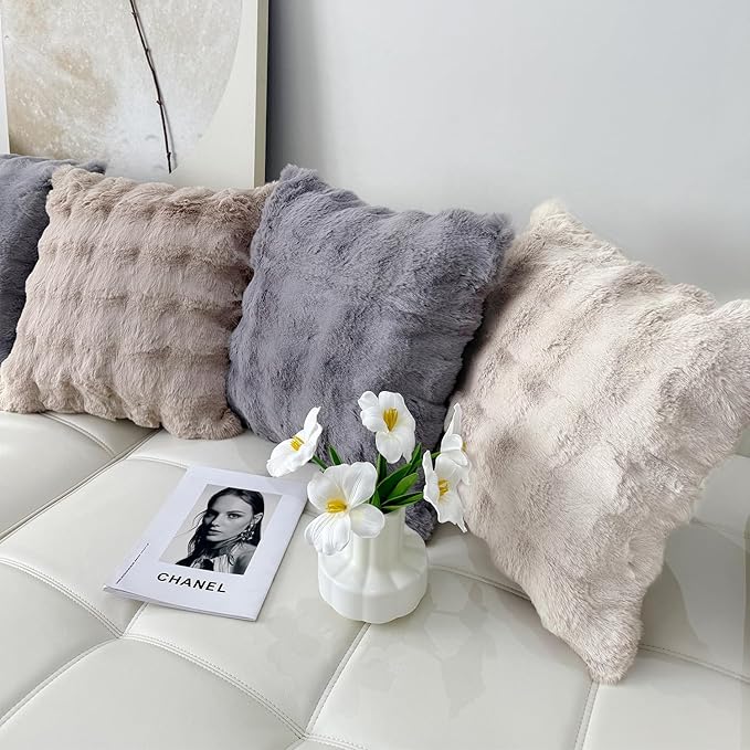 SOMAHE Decorative Sofa Pillows Cases Throw Pillow Covers Faux Fur Plush Pillowcase for Home Fluffy Soft Pillow Cover Grey 18x18 Inch