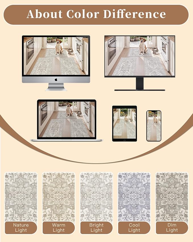 Madane 2-Piece Area Rugs Set, Small Kitchen Runner Non-Slip, Beige/Brown | Rug Runners Vintage Door Mat Indoor Entrance, Low Pile Floor Carpet for Inside Front Bedroom Entryway Entry Laundry 2x3+2x4