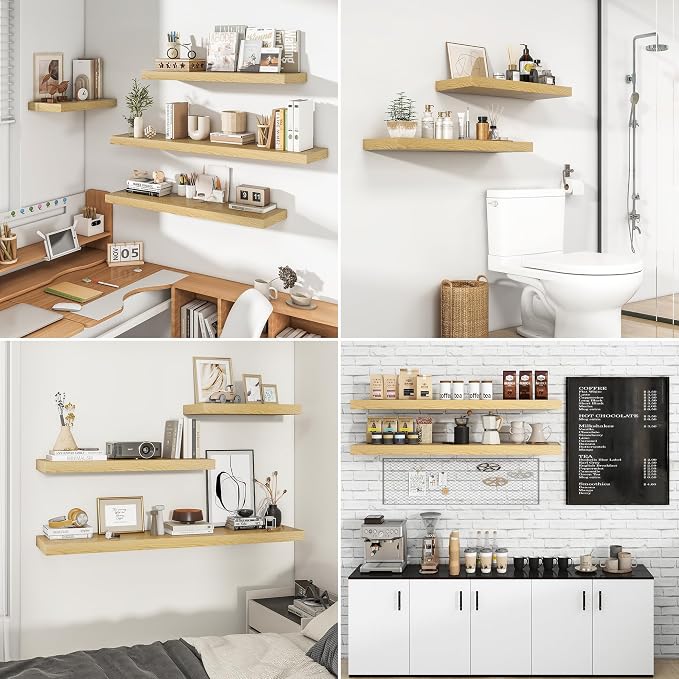 RICHFOCUS 48Inch Floating Shelves for Wall 1 Pack Shelves for Bedroom|Kitchen|Bathroom Wall Mounted Rustic Wood Floating Shelf with Invisible Brackets for Books|Storage|Decor, Oak