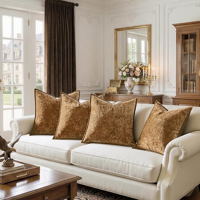 a moment Throw Pillow Covers 16X16 Inch 4 Packs,Soft Velvet Decorative Pillow Cases with 3D Ice Flower,Texture Modern Accent Cushion Covers for Sofa Couch Home Decor Golden Brown