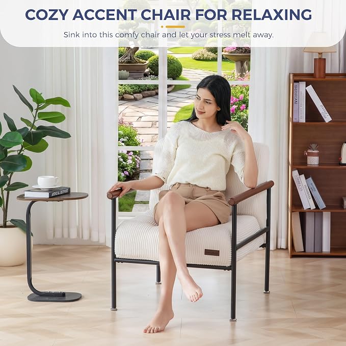 MAXYOYO Living Room Accent Chair, Modern Chair with Metal Frame | Upholstered Reading Chair Modern Living Room Chair with Support Cushion for Bedroom Balcony Porch, Beige