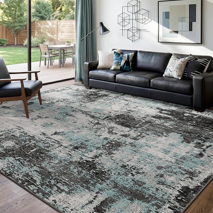 RELEANY Washable Area Rugs 6'x9' Non-Slip Modern Abstract Soft for Living Room Entryway Bedroom Kitchen, Print Pattern, Blue Black Teal