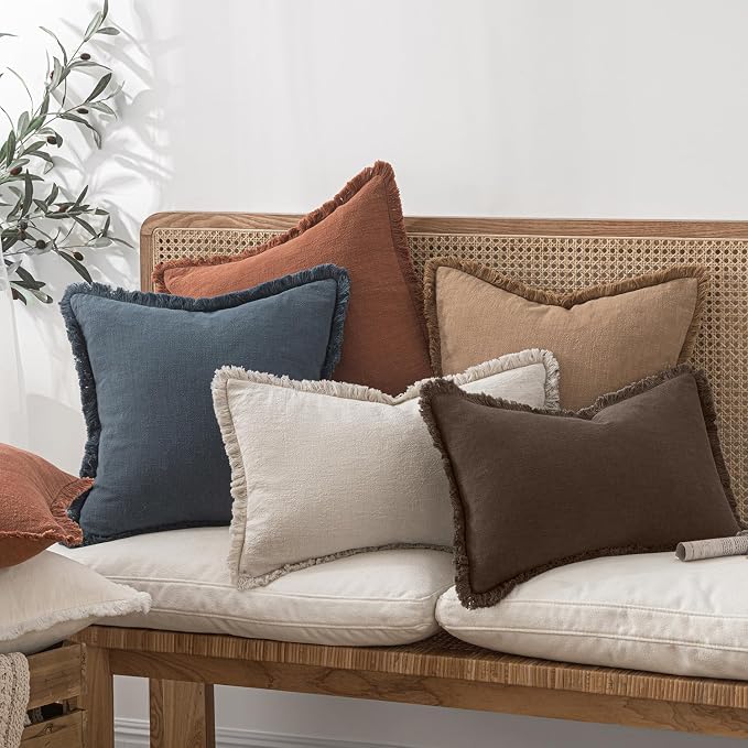 MIULEE Decorative Throw Pillow Covers Neutral Linen Fringe Throw Pillows Euro Shams Set of 2 Reddish Brown Boho Farmhouse Cushion Covers for Couch Sofa Bed Living Room Fall Home Decor 24x24 Inch