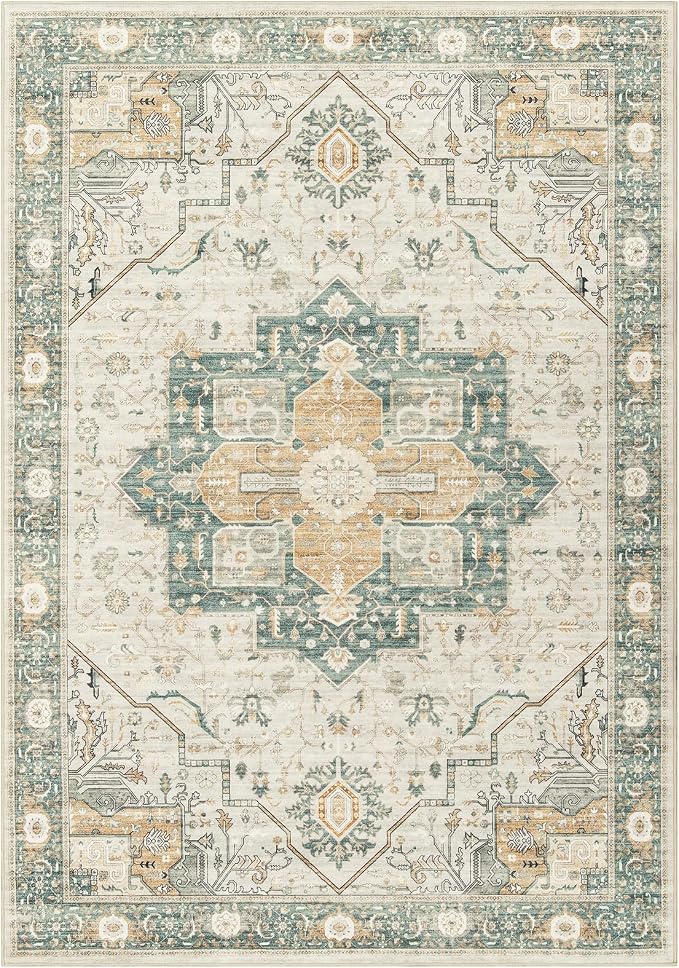 Roxstand 6x9 Washable Area Rug, Low Pile Non Slip Rug, Green/Grey | Large Area Rug, Non-slip Backing, Super-Soft Floral Vintage, Low Pile, For Living Room, Bedroom, Dining Room, Office