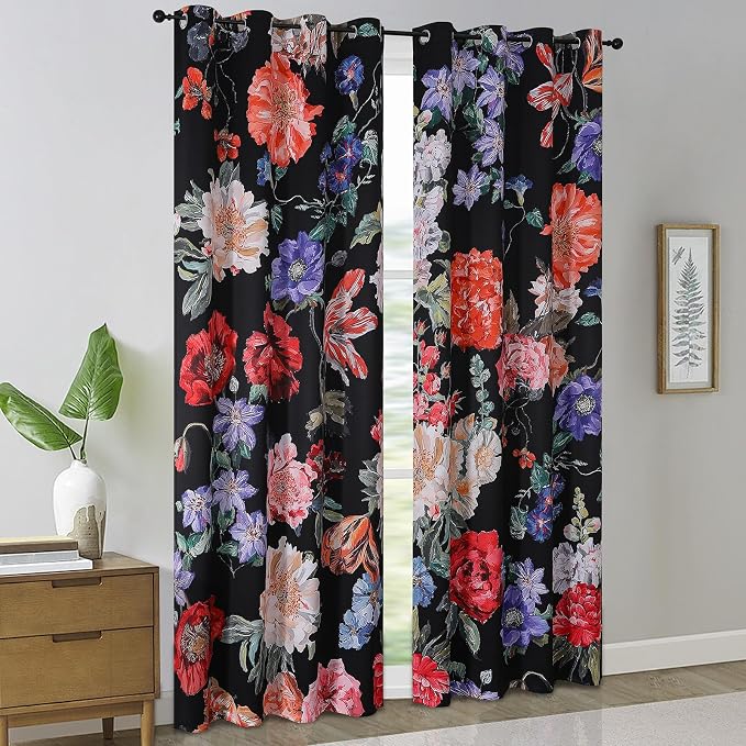 Estelar Textiler Blackout Boho Floral Curtains 108 inch Length 2 Panels Set,Rustic Vintage Flowers Print Patterned Black Out Curtains Thermal Insulated Window Drapes for Bedroom/Living Room,52Wx108L