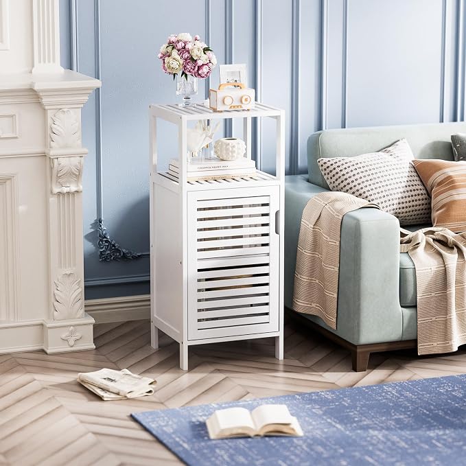 HITNET Bamboo Bathroom Storage Cabinet, 4 Tier Small White Floor Cabinet with Single Door, Free Standing Slim Narrow Storage Organizer for Living Room Entryway