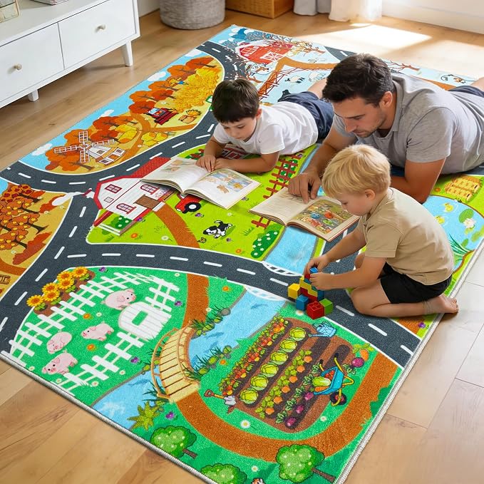 Car Rug Play Mat for Kids Toy Cars, 8' x 10' Town Country Barn Track Four Seasons Farm Theme Traffic Carpet, Non-Slip Washable Area Rug for Kids Room Bedroom Play Area, Fun Learning Rugs for Children