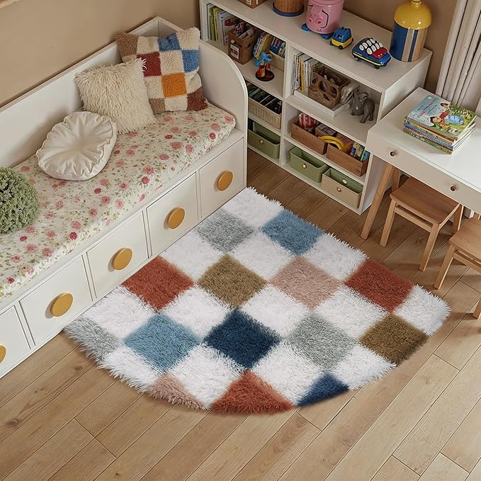 PureCozy Checkered Rug 3ft Radius Corner for Playroom, Modern Rainbow Shag Super Soft Washable Fluffy Rugs Indoor Fuzzy Carpet for Bedroom Home Dorm Aesthetic Decor