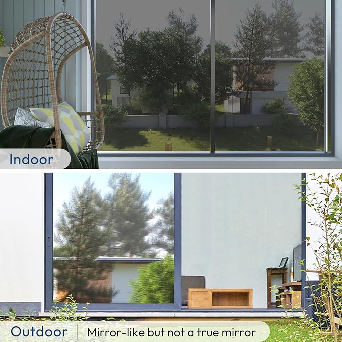 rabbitgoo Window Privacy Film One Way Window Tint for Home, Removable Reflective Heat Sun Blocking Anti UV Glass Door Covering, Mirror Tinting Film House Office, 23.6 in X 9.8 Feet, Black Silver