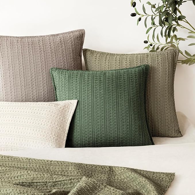 Foindtower Set of 2 Decorative Cotton Waffle Weave Throw Pillow Covers Euro Shams Cushion Covers Accent European Pillowcase for Bed Couch Sofa Bedroom Living Room Home Decor 24×24 Inch Dark Green