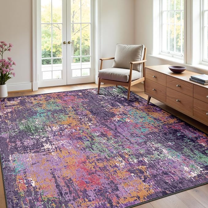 RELEANY Washable Area Rugs 5'x8' Non-Slip Modern Abstract Soft for Living Room Entryway Bedroom Kitchen, Print Pattern, Purple Orange Blue Green Rust Red Colorful