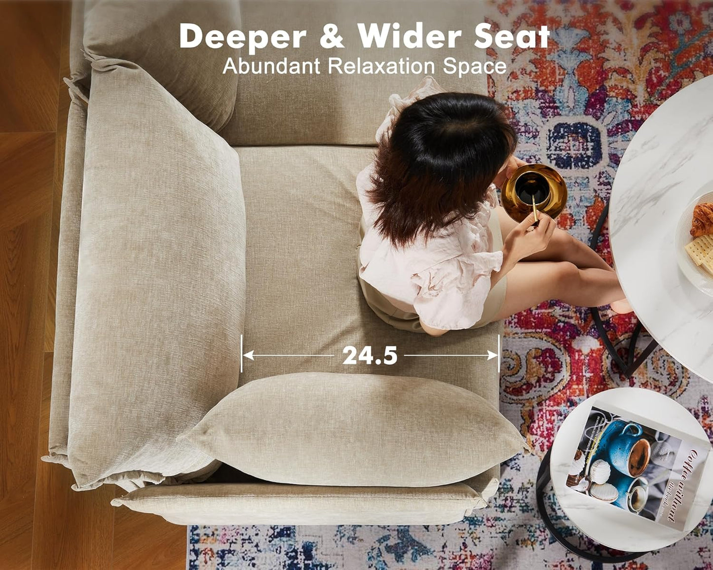 134.6" Modular Sectional Sofa, Oversized 4 Seater Couch with Removable Beige Chenille Fabric Cover, Deep Seat & High Backrest for Living Room, Office & Apartment