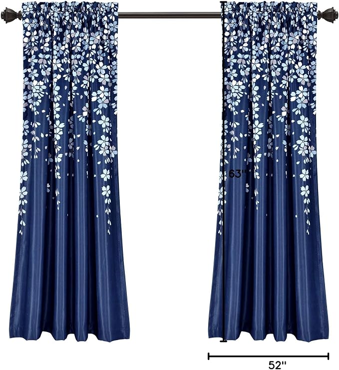 Lush Decor Weeping Flower Light Filtering Window Curtain Panels, Pair, 52"W x 63"L + 2" Header, Navy - Charming Modern Floral Curtains for Living Room, Dining Room, & Bedroom