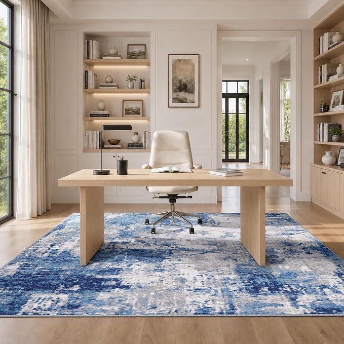 RELEANY Washable Area Rugs 6'x9' Non-Slip Modern Abstract Soft for Living Room Entryway Bedroom Kitchen, Print Pattern, Blue Grey Navy Gray