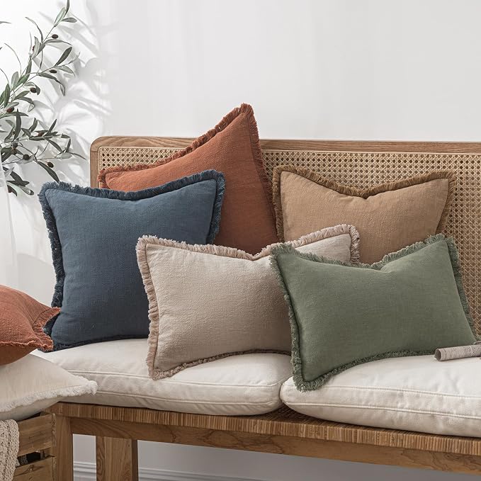 MIULEE Decorative Throw Pillow Covers Neutral Linen Fringe Throw Pillows Set of 2 Natural Linen Boho Farmhouse Cushion Covers with Tassels for Couch Sofa Bed Spring Home Decor 18x18 Inch