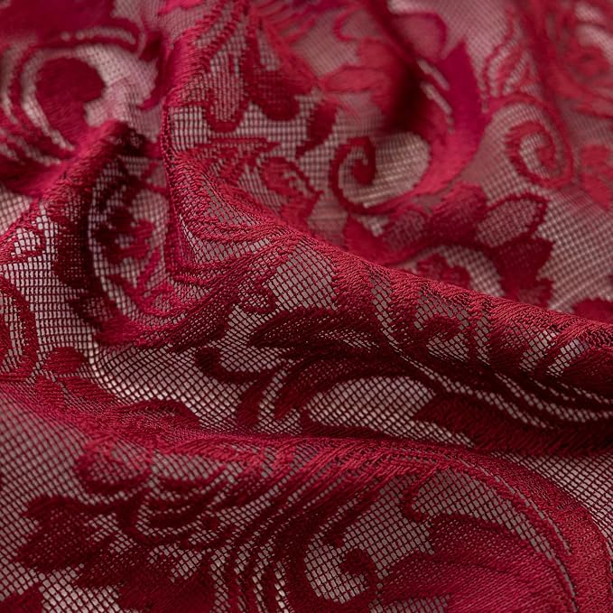 ALIGOGO Burgundy Kitchen Curtains 45 Inch Length, Vintage Floral Dark Red Short Lace Cafe Curtains for Small Window, Rod Pocket Light Flitering Semi-Sheer Art Décor, 52W x 45L Inch, 2 Panels