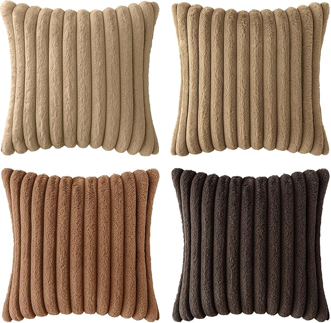MIULEE Faux Fur Plush Decorative Throw Pillow Covers 20x20 Set of 4, Boho Fall Farmhouse Soft Fuzzy Striped Cushion Covers for Sofa Couch Bed Living Room Vintage Rustic Home Decor,Dark Brown