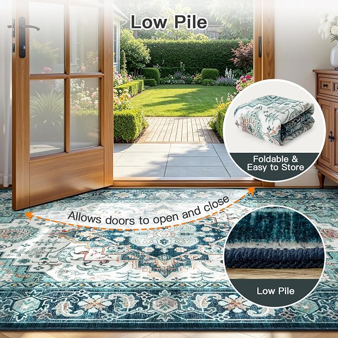 Lofus 8x10 Washable Rugs Non-Slip, Vintage Floral Area Rug for Living Room Bedroom Dining Room Kitchen, Low Pile Distress Print Medallion Carpet Home Decor Rug, Floral Green Beige
