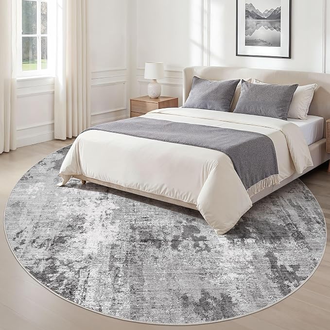 Abstract 9FT Round Rug: Machine Washable Non Slip Ultra Thin Low-Pile Carpet, Soft Stain Resistant for Living Dining Room Bedroom, Kid Pet Friendly, Robot Vacuum Compatible - Grey