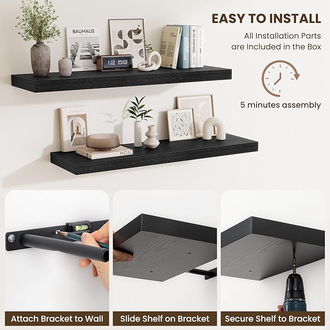 Fun Memories 55 Inch Fireplace Mantel Shelf, 10 Inch Deep Shelves for Display & Wall Storage, Rustic Wood Wall Shelf, Extra Long Floating Shelves for Living Room Laundry Room, Black, Set of 1