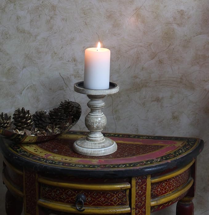 Hosley Antique White Wooden Pillar Candle Holder 7 Inch High - Rustic Country Farmhouse Decor, Wedding Centerpiece, Home Accent Gift