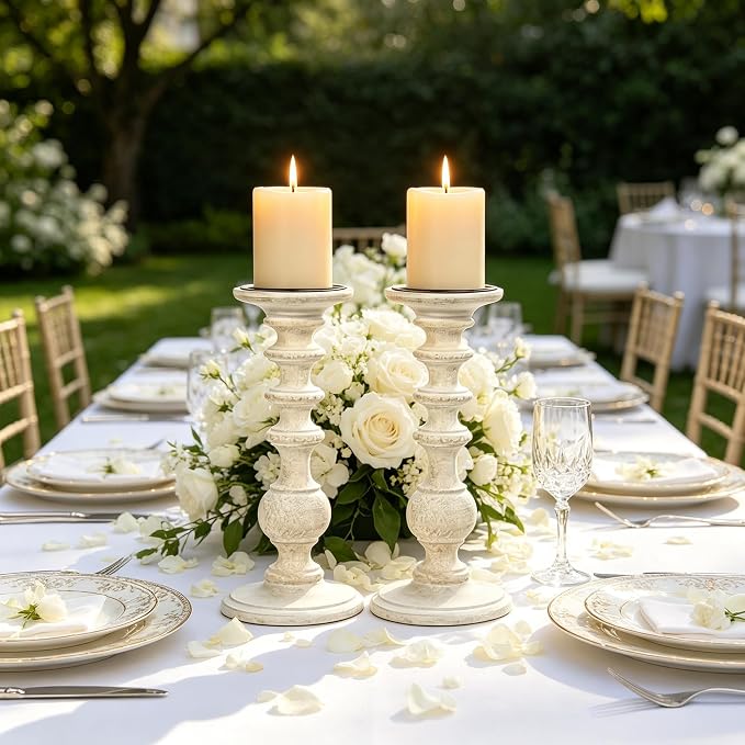 Hosley Set of 2 White Wooden Pillar Candle Holder 11 Inch High Country Style Ideal for Weddings or Parties as Well as Home Decor