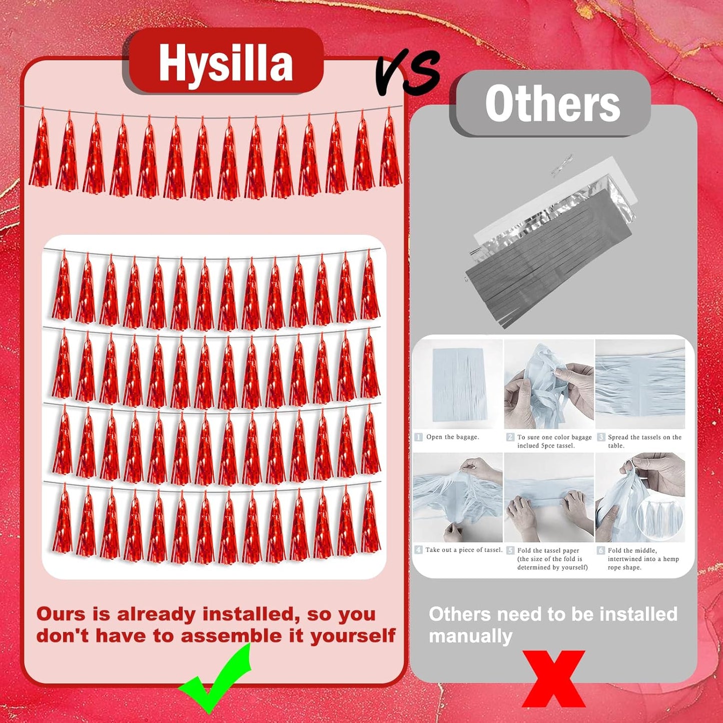 4P Red Foil Fringe Metallic Tassel Streamers Banner Tassel Garland for Parade Floats, Bachelorette, Wedding, Birthday, Halloween, Christmas, Bridal/Baby Shower Party Decorations