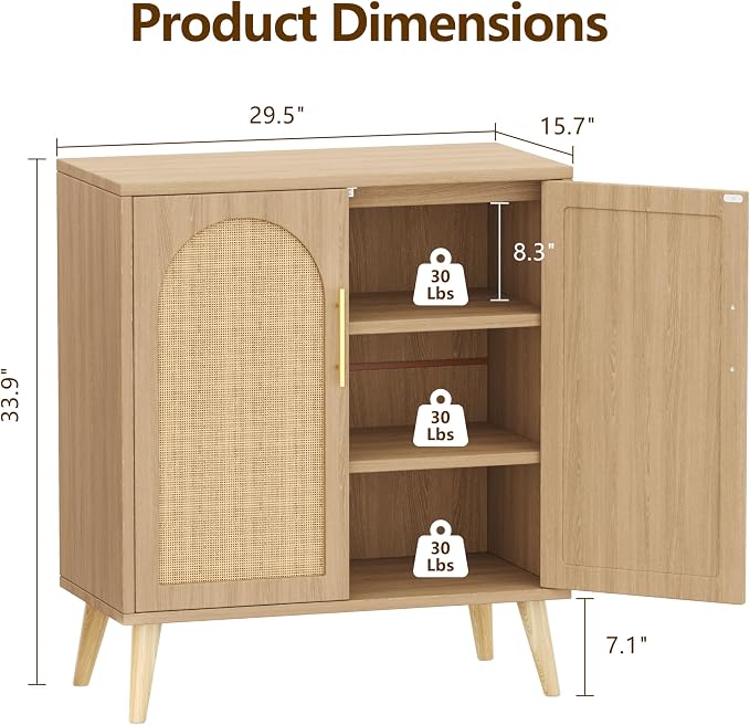 Set of 2 Rattan Buffet Cabinet with Storage, 59 Inch Sideboard with Adjustable Shelf and Solid Wood Legs, Floor Storage Cabinet with 4 Doors, Coffee Bar for Kitchen, Living Room, Hallway, Natural