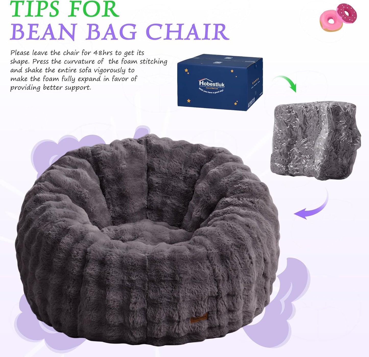 Hobestluk Bean Bag Chair Oversized Bean Bag Chair for Adults Donut-Shaped Large Bean Bag with Spacious Design for Living Room Bedroom or Reading Nook (Bubble Dark Grey)