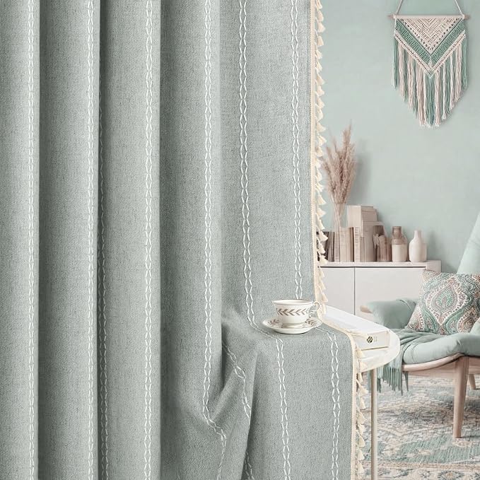 Teal Boho Blackout Curtains 2 Panels 84 Inch for Living Room Bedroom, Light Green Linen Texture Farmhouse Curtains with Tassels and White Cotton Embroidery Vintage Rustic Country Western