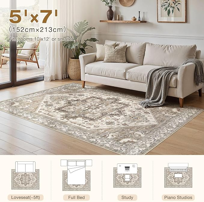Area Rug for Living Room - 5x7 Washable Oriental Vintage Floral Large Soft Carpet - Fade Stain Resistant Non Slip Rugs for Bedroom Dining Room Nursery Dorm Office Home Decor - Beige Brown