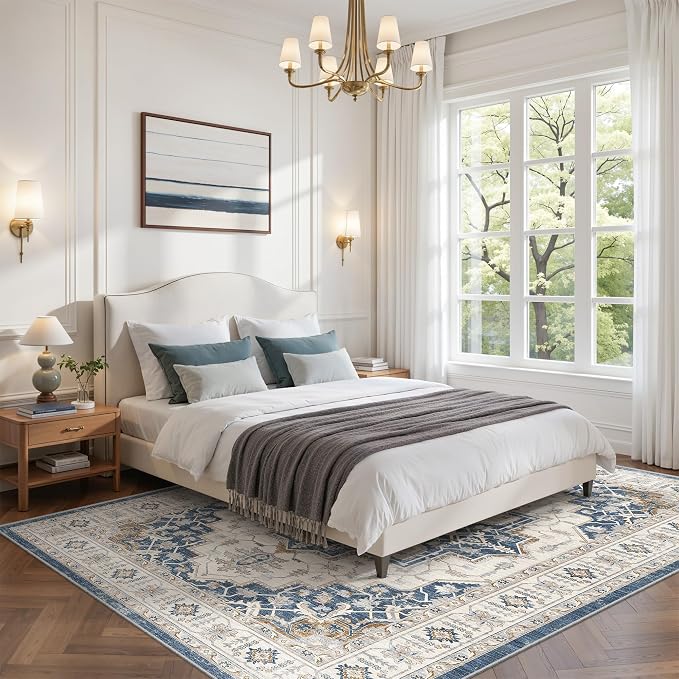 befbee 5x7 Area Rug for Living Rooms, Stain Resistant Neutral Washable Rugs for Dining Rooms, Floral Vintage Non-Slip Thin Large Size Area Rugs(Blue)