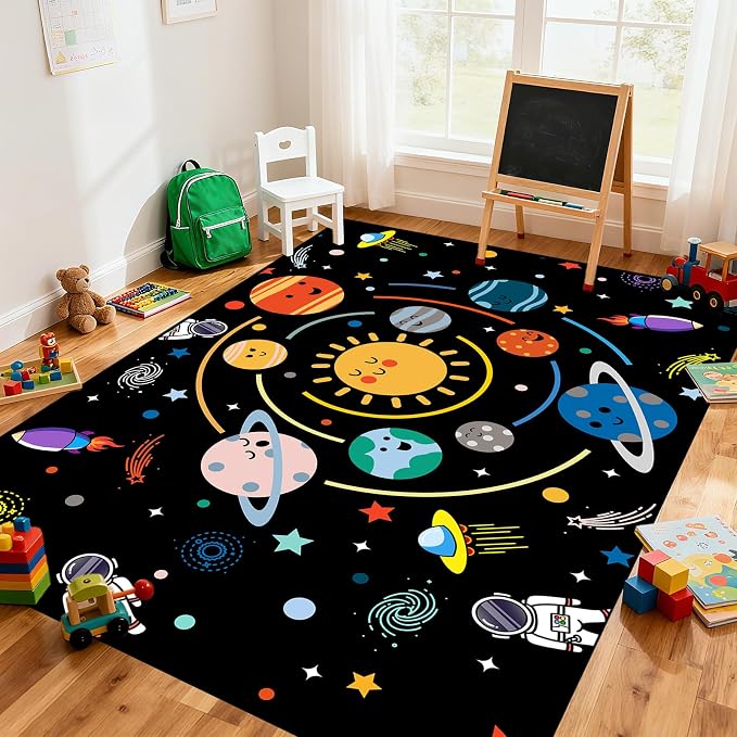 Space Rug for Boys Room - Outer Space Rug for Bedroom Machine Washable 6x8 Feet Solar System Planet Theme Carpet Decor for Playroom Classroom Decor